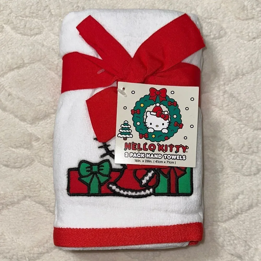 Hello Kitty 2 Pack White Red Green White Black Christmas Hand Towels Bow Wrap